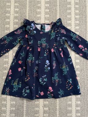 Joules 18-24 mo Girls Navy Blue Botanical Floral Dress Ruffle Shoulder